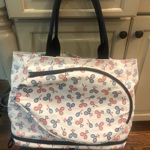 Tory Sport Tennis bag - ivory coated canvas with red and blue pint, navy trim.